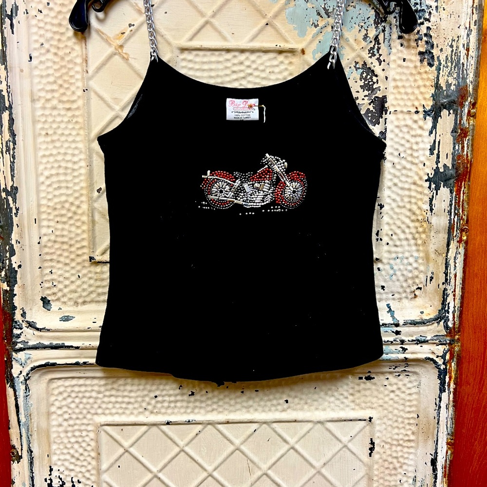 Ladies Vintage Harley Davison Bling top with chain straps.
